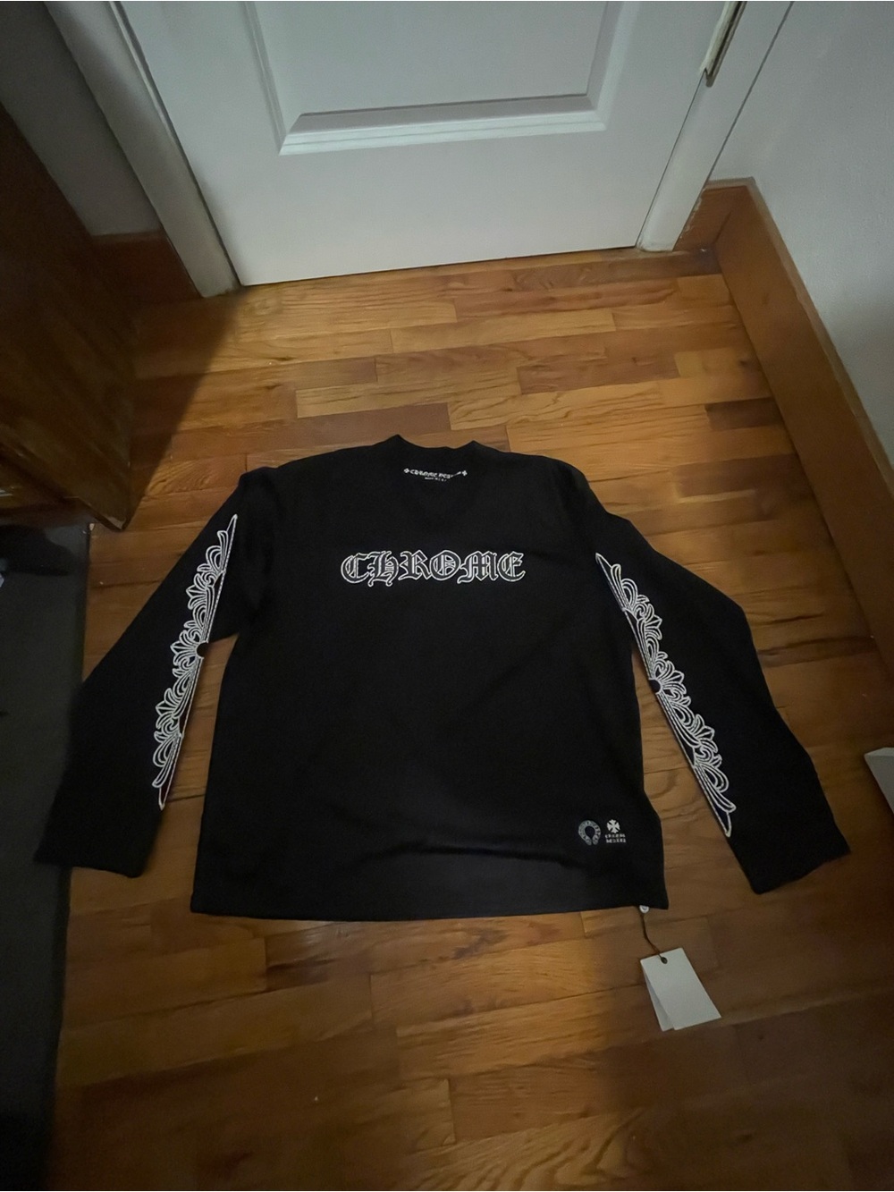 Chrome Hearts Black Long Sleeve Logo Tee with White Sleeve Graphics